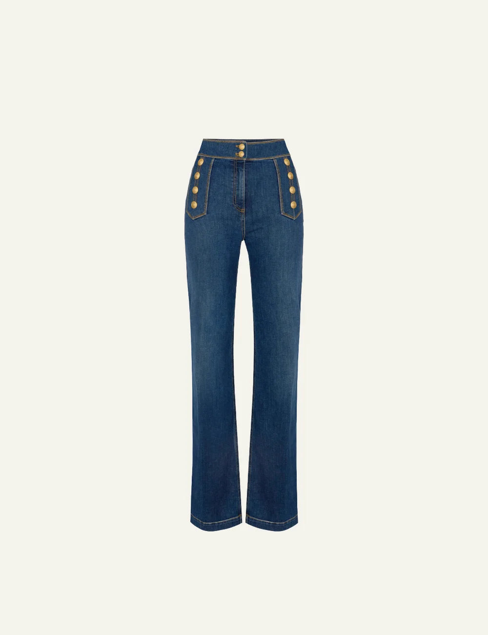 Elisabetta Franchi palazzo jeans με gold buttons και high-waist γραμμή σε mid-blue denim.