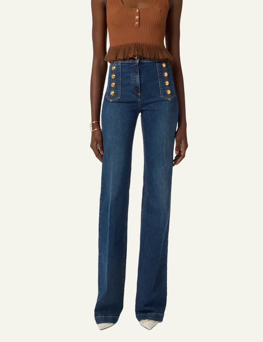 Elisabetta Franchi palazzo denim pants σε high-waist cut με signature gold button details.
