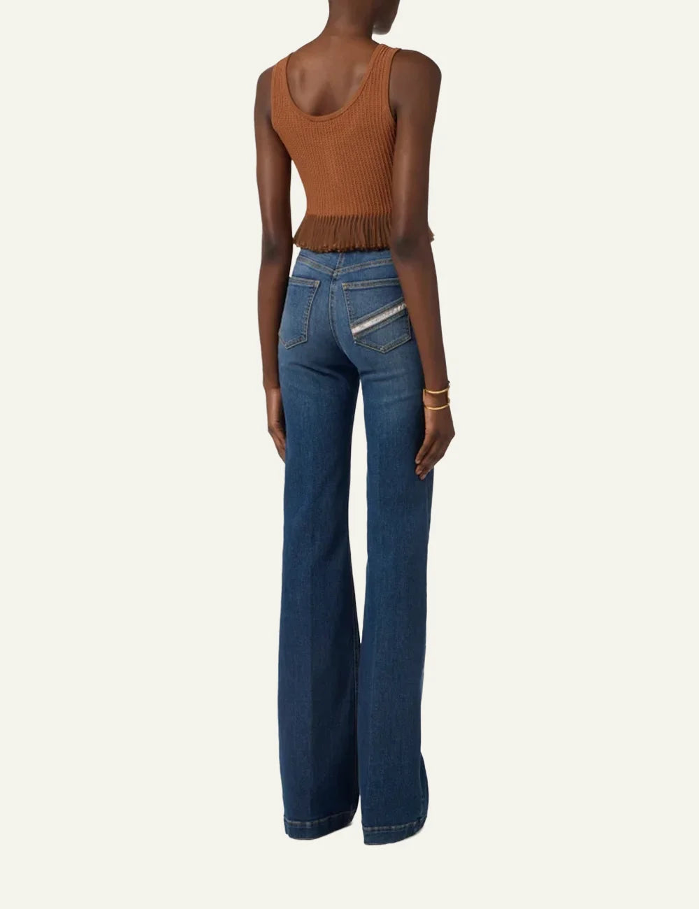 Back view of Elisabetta Franchi palazzo jeans σε mid-blue denim με flared leg και contrast stitching.