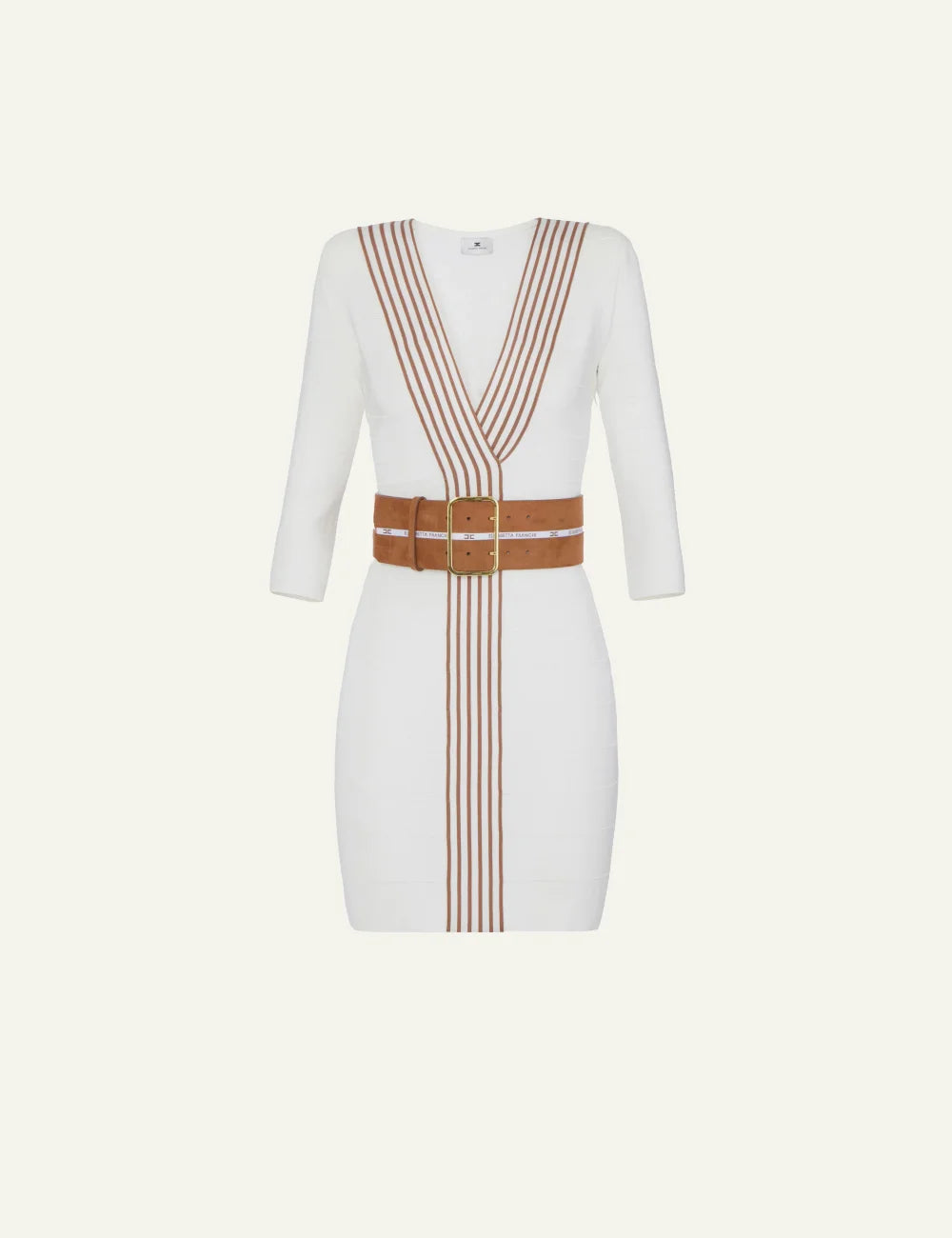 Elisabetta Franchi white knit mini dress με camel striped bands και wide logo belt – elegant bodycon silhouette