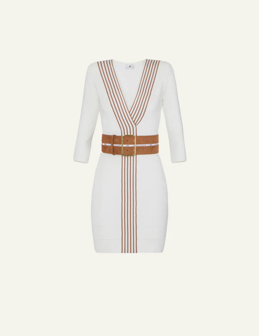 Elisabetta Franchi white knit mini dress με camel striped bands και wide logo belt – elegant bodycon silhouette