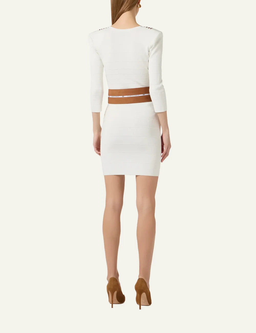 Back view of Elisabetta Franchi striped knit dress σε white/camel tones with fitted mini cut