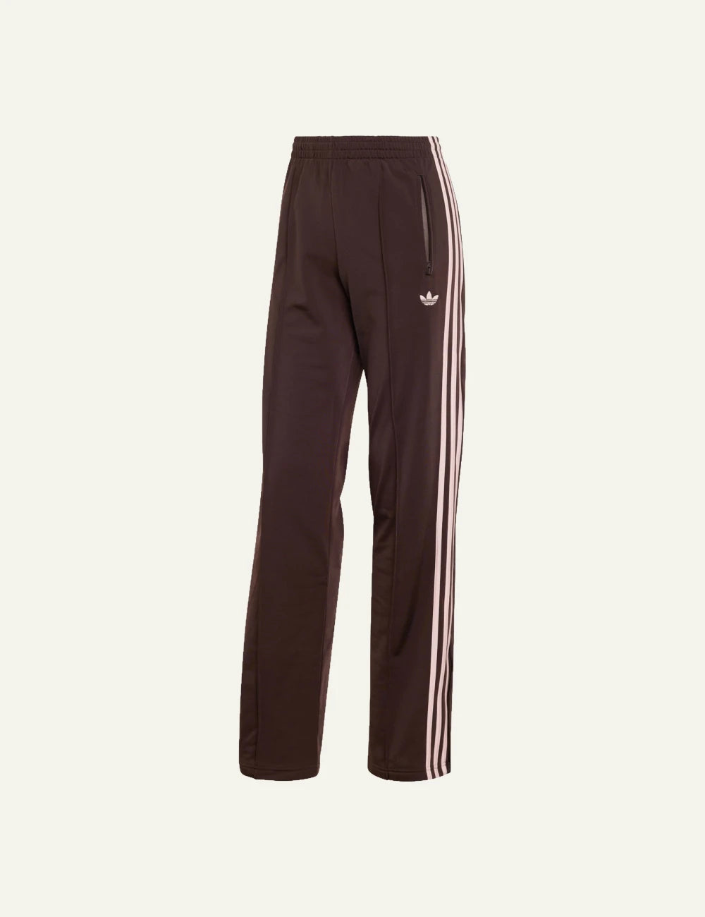 Adidas Firebird track pants Aurora Coffee Sandy Pink wide leg side stripes front view