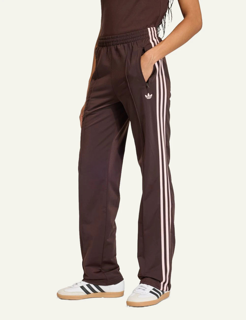 Adidas Firebird track pants Aurora Coffee Sandy Pink wide leg side stripes side view