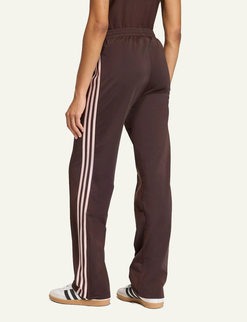 Adidas Firebird track pants Aurora Coffee Sandy Pink wide leg side stripes back view