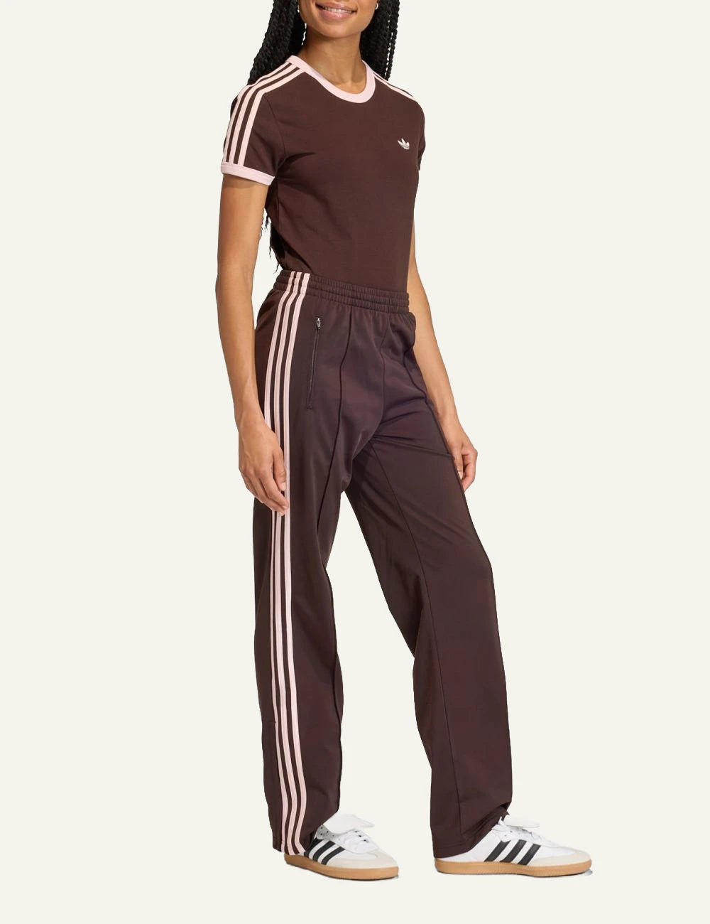Adidas Firebird track pants Aurora Coffee Sandy Pink wide leg side stripes model view