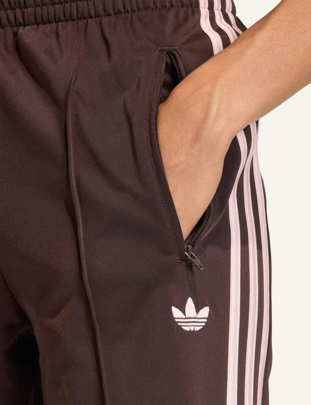 Adidas Firebird track pants Aurora Coffee Sandy Pink wide leg side stripes detail pocket view