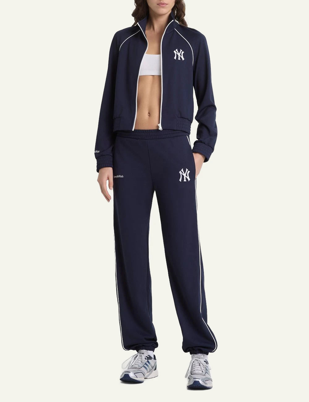 Sporty and Rich NY Yankees track jacket navy front model view