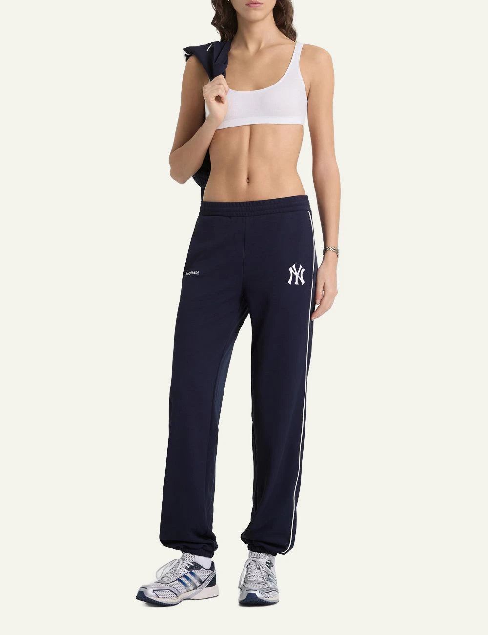 Sporty and Rich NY logo track pants navy full look