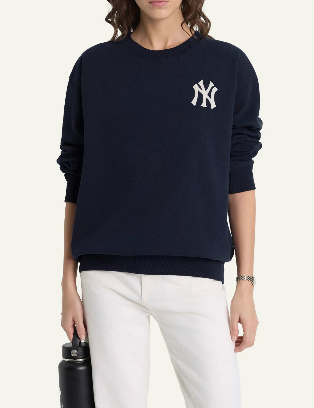 Sporty and Rich NY Yankees navy sweatshirt front model view