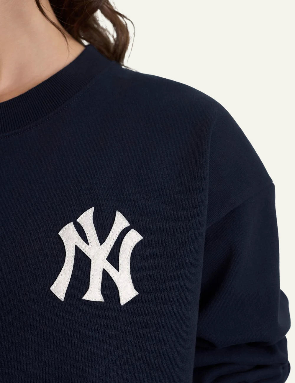 Sporty and Rich NY Yankees navy sweatshirt front detail view