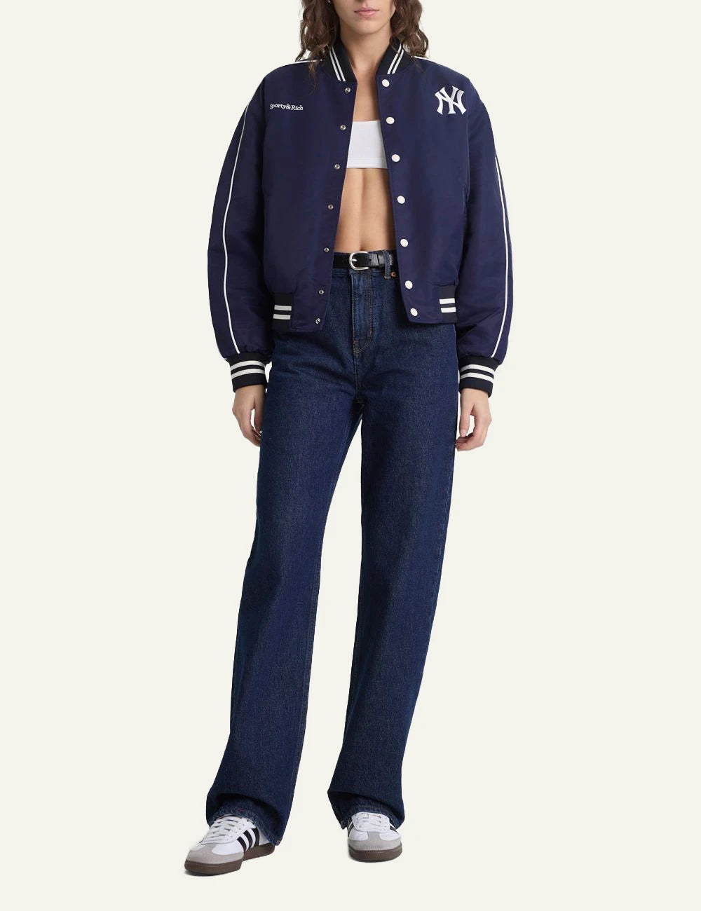 Sporty and Rich NY Yankees varsity jacket navy front full body view