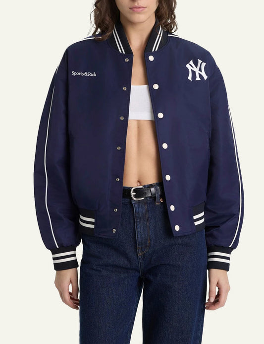 Sporty and Rich NY Yankees varsity jacket navy front view