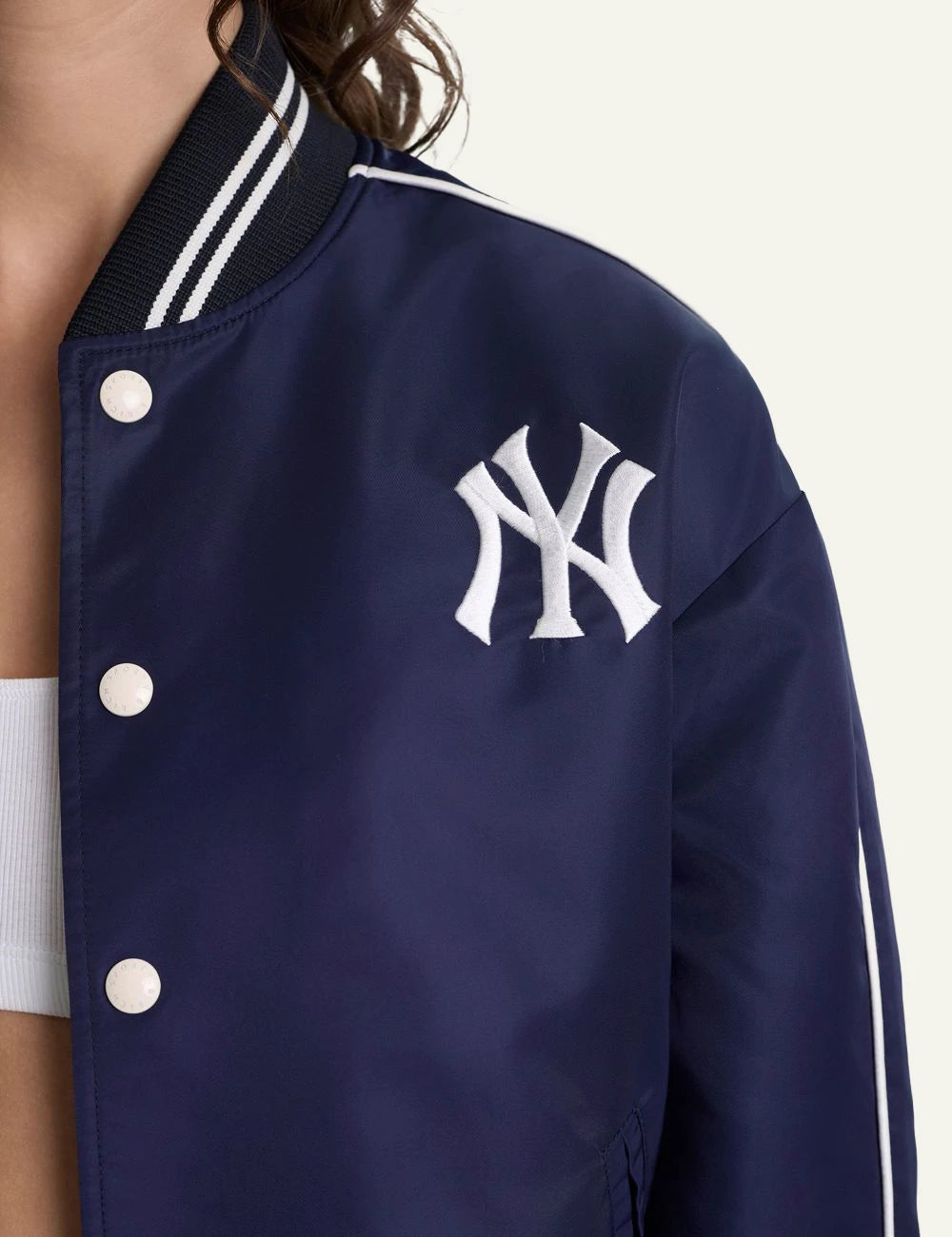 Sporty and Rich NY Yankees varsity jacket navy front detail view