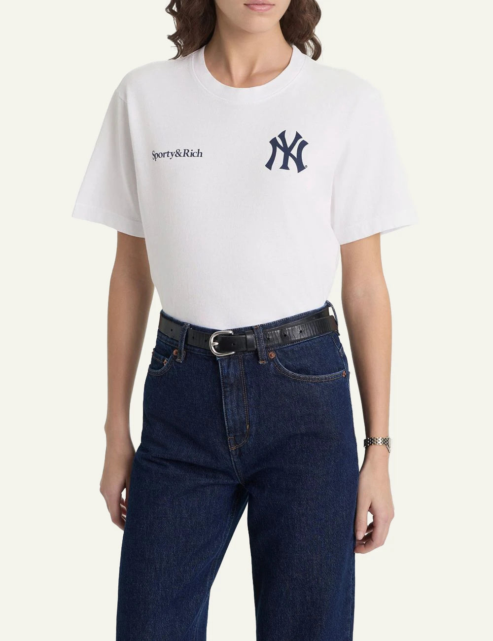 Sporty and Rich NY Yankees t-shirt white front model view
