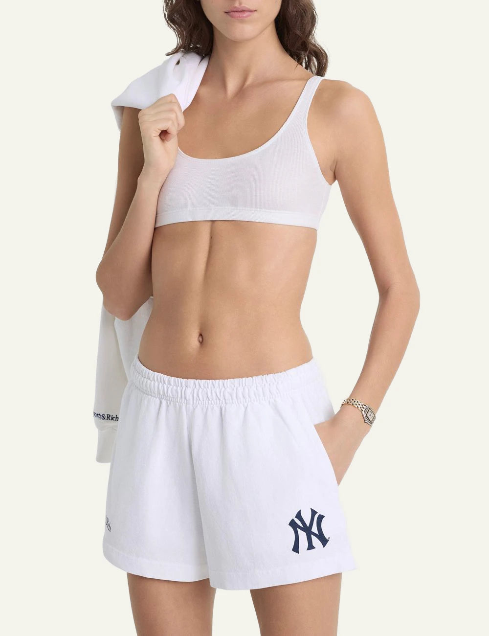 Sporty and Rich NY Yankees super short shorts white front model view