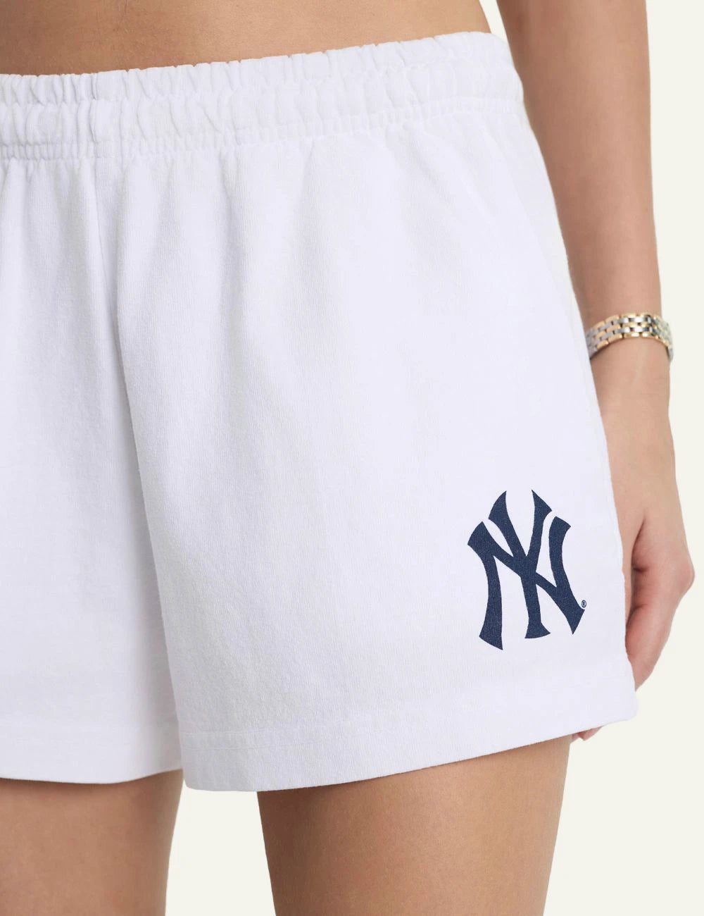 Sporty and Rich NY Yankees super short shorts white front detail view