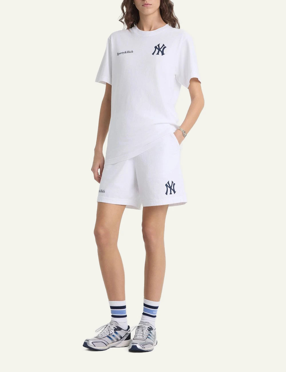 Sporty and Rich NY Yankees cotton shorts white front model view