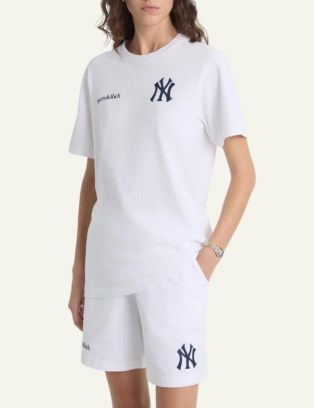 Sporty and Rich NY Yankees cotton shorts white front detail view
