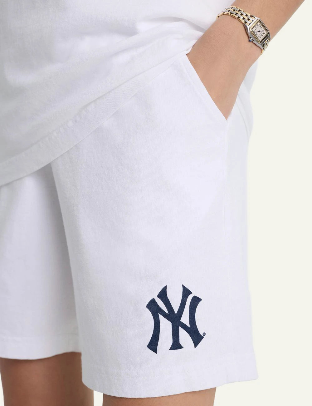 Sporty and Rich NY Yankees cotton shorts white front detail view