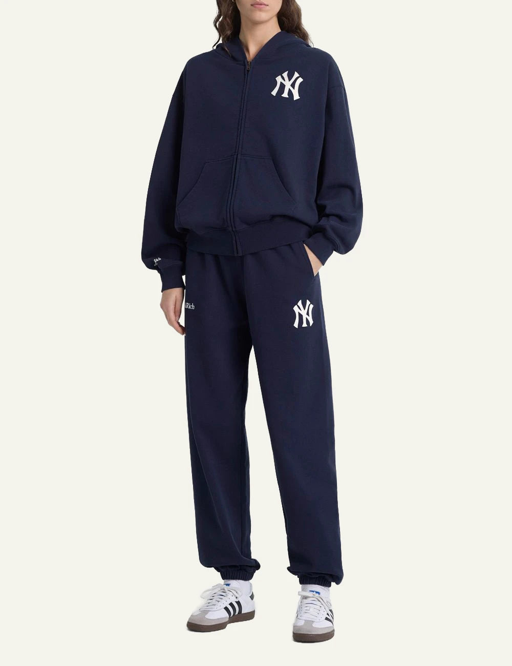 Sporty and Rich NY Yankees navy zip hoodie front view