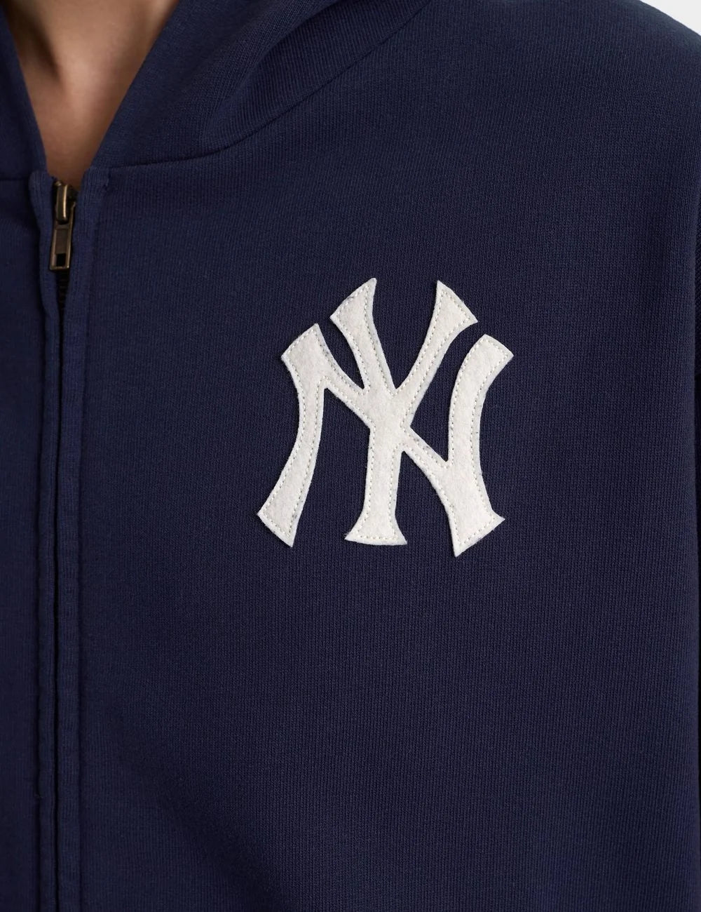 Sporty and Rich NY Yankees navy zip hoodie front detail view