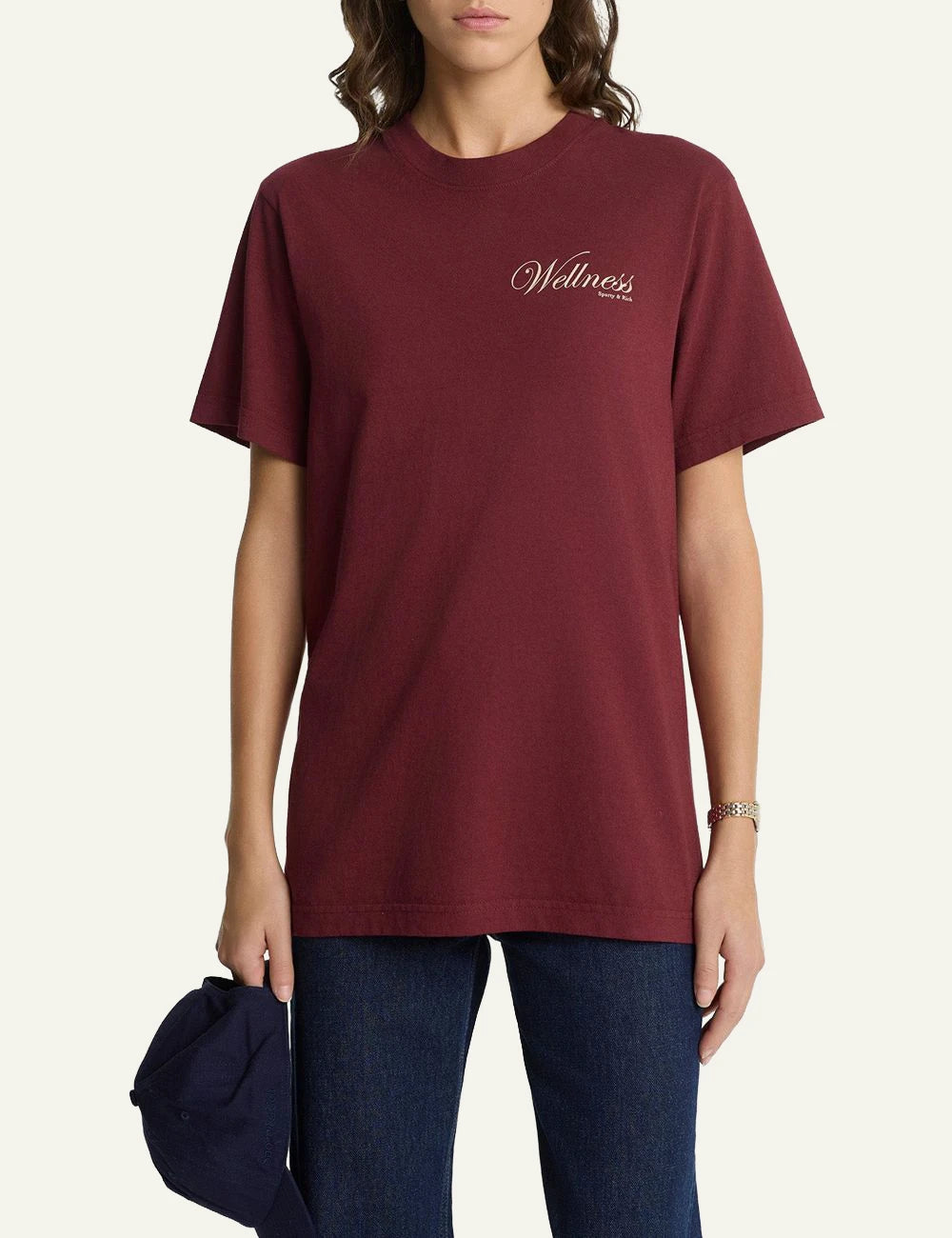Sporty and Rich wellness t-shirt merlot front view model