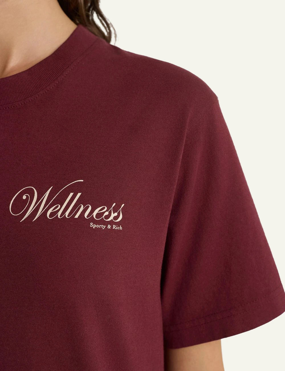 Sporty and Rich wellness t-shirt merlot front detail view