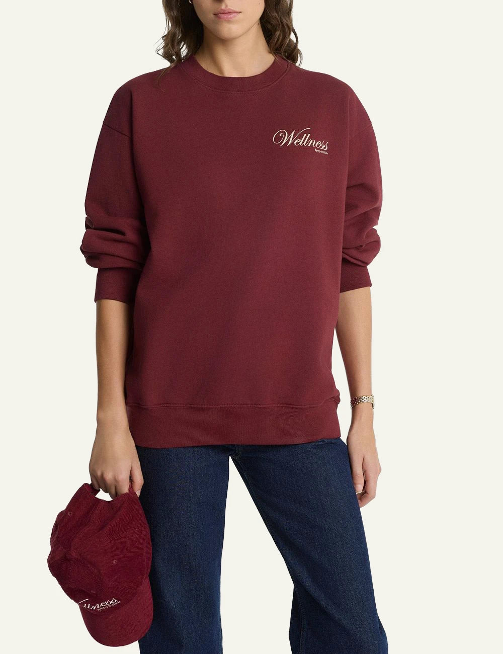 Sporty and Rich wellness crewneck sweatshirt merlot front model view