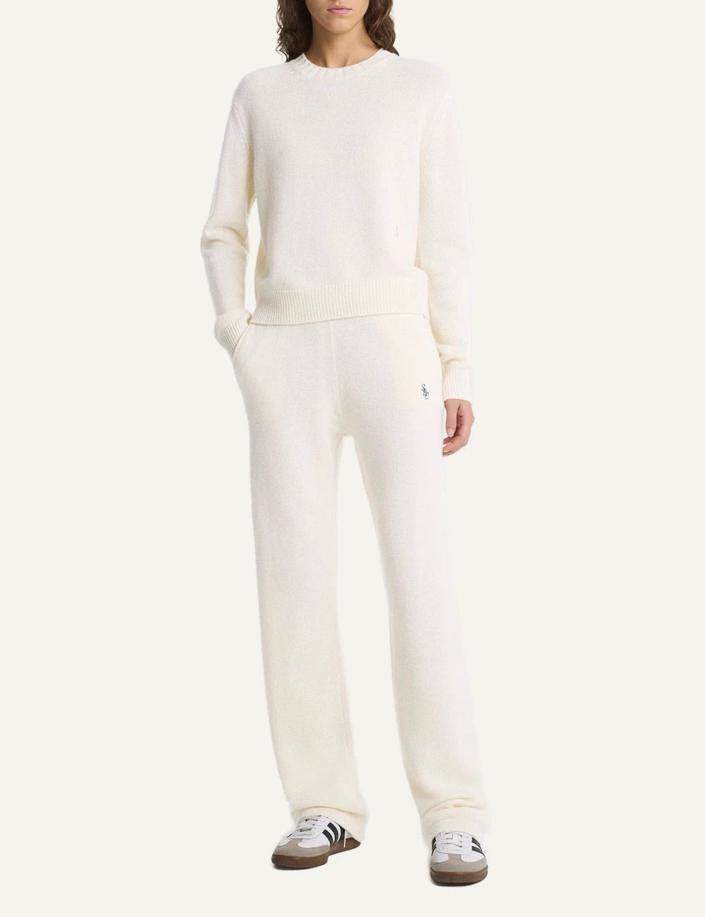 Sporty and Rich cashmere wool wide leg pants ecru front full body view