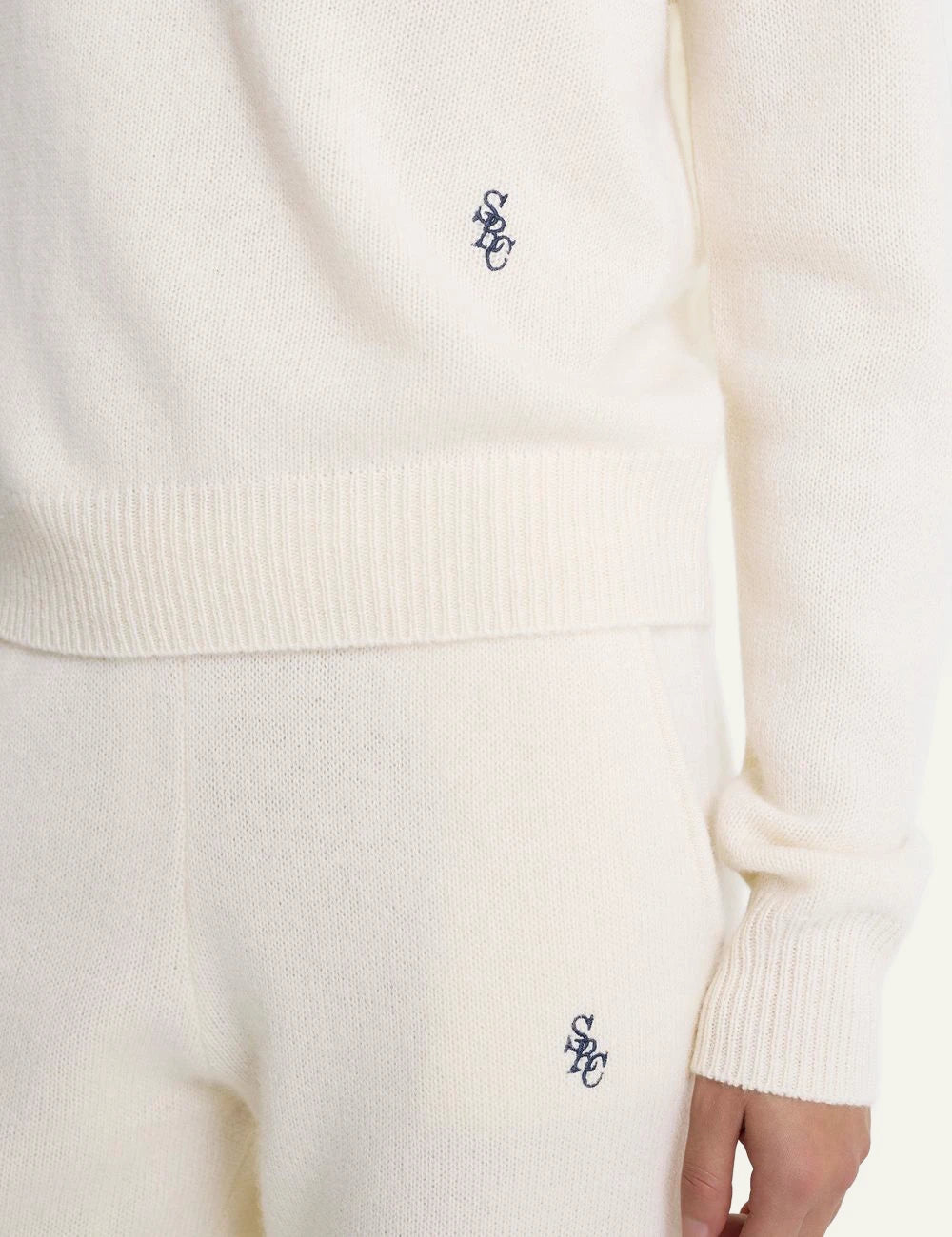 Sporty and Rich cashmere wool wide leg pants ecru front detail view