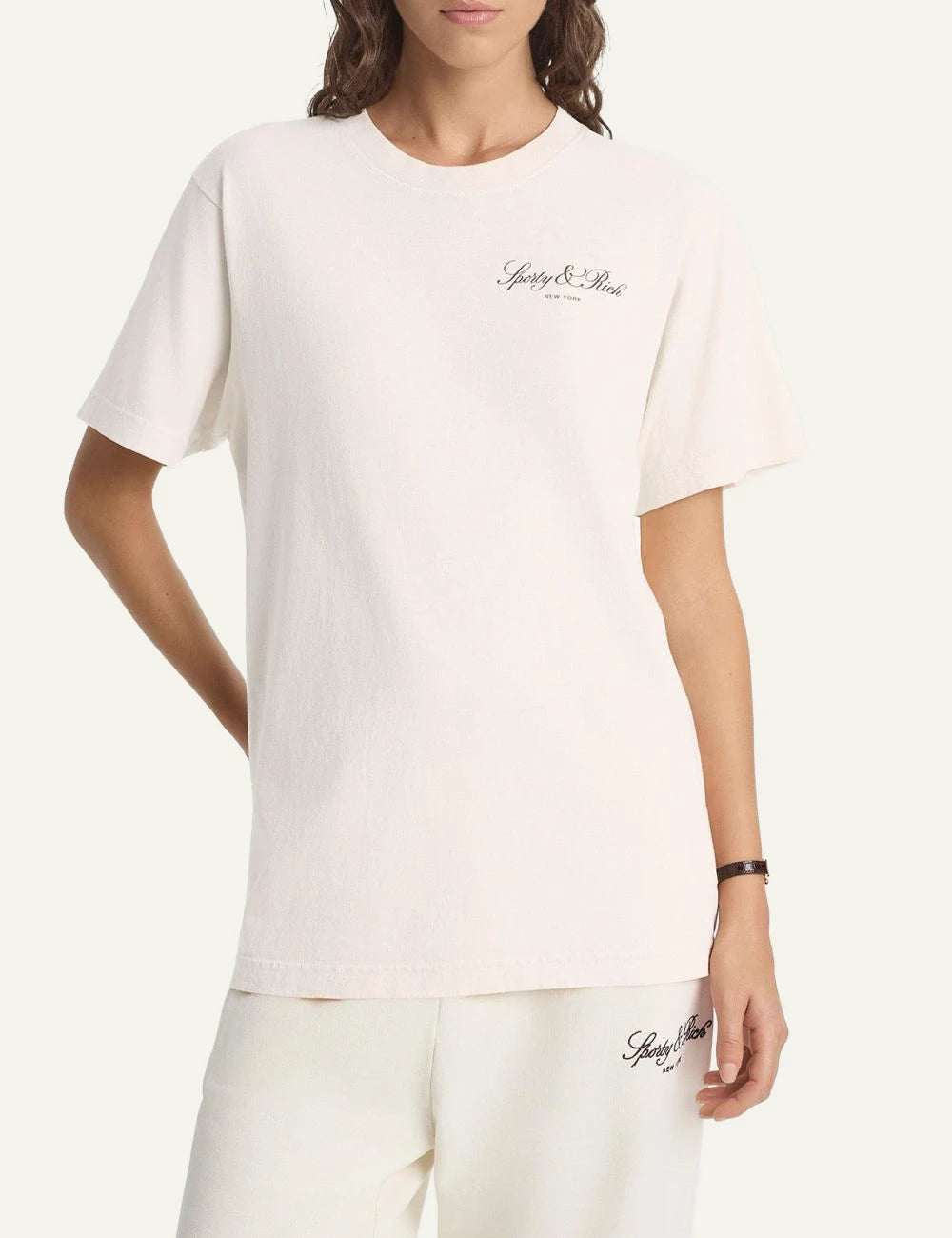 Sporty and Rich ecru logo tee relaxed fit front view