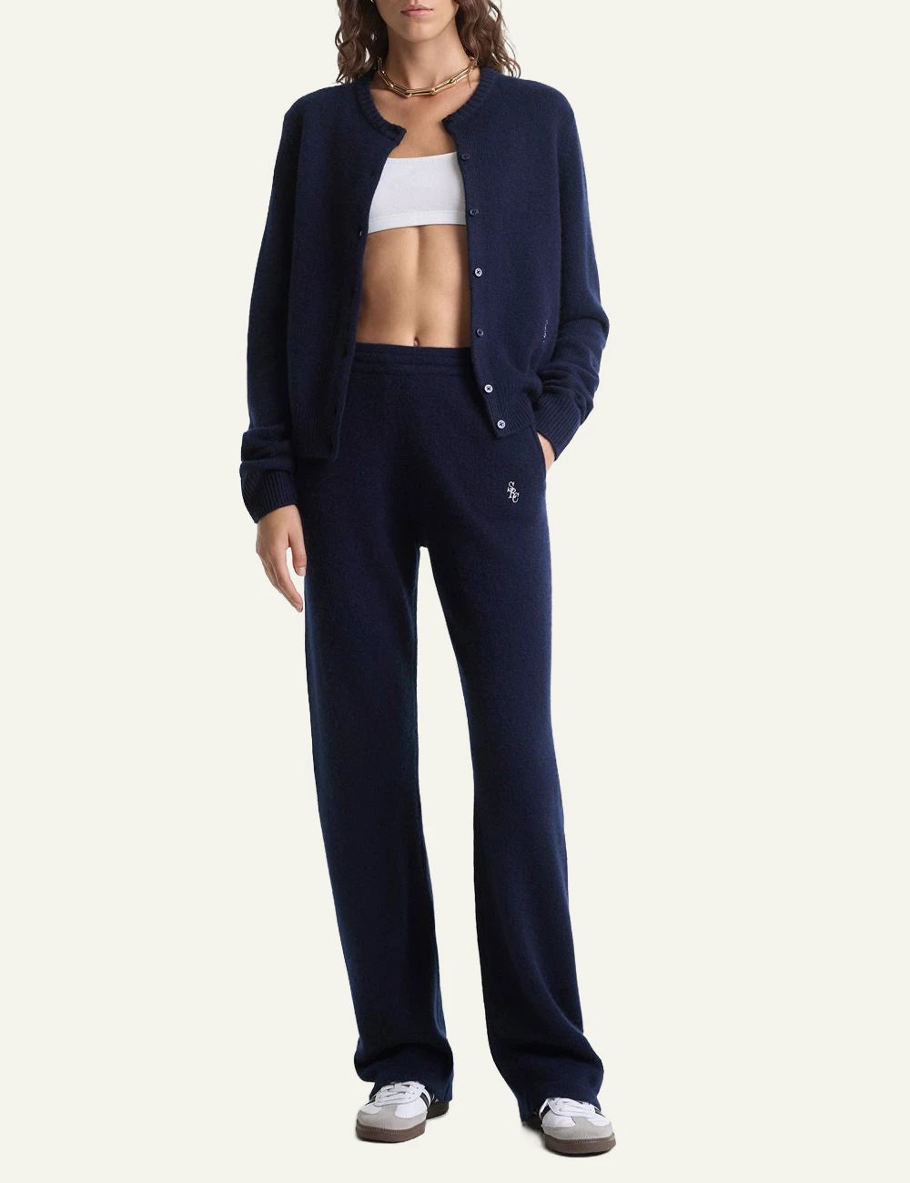 Sporty and Rich charcoal cashmere cropped cardigan front model view