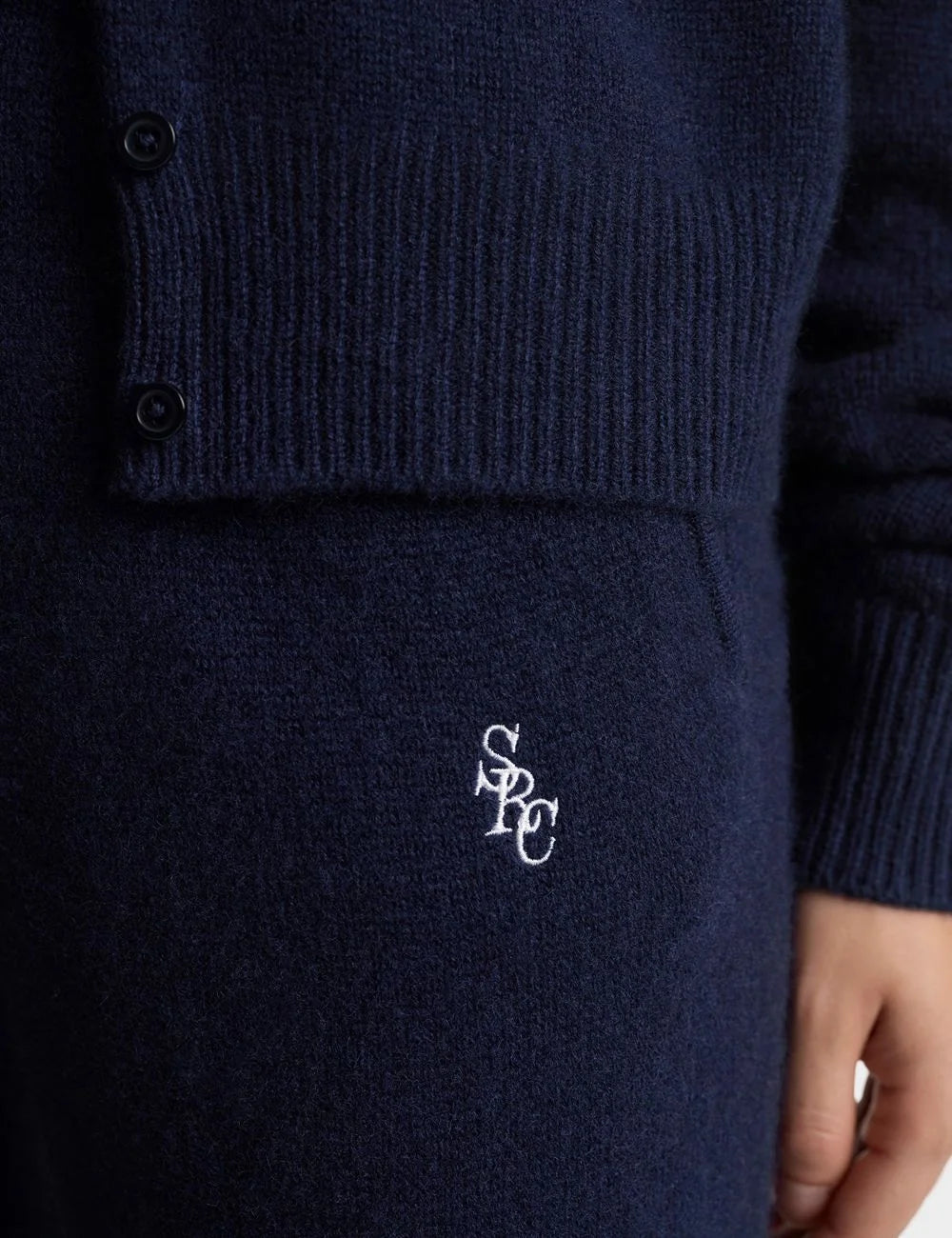 Sporty and Rich charcoal cashmere cropped cardigan front detail view