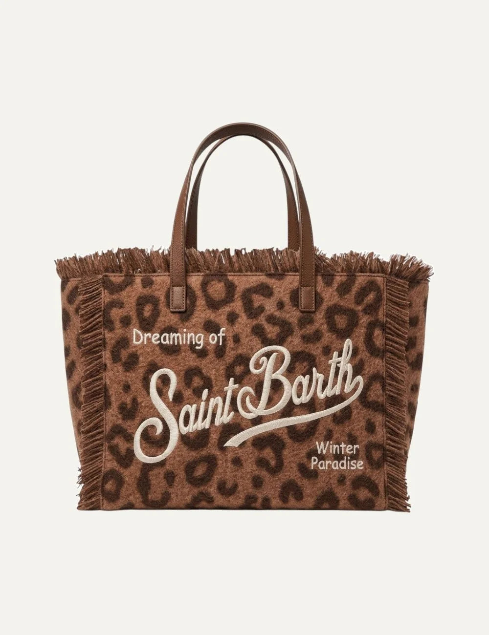 Women's MC2 Saint Barth Colette Felt shopper bag in brown leopard print with fringed edges, embroidered Dreaming of Saint Barth lettering and long handles