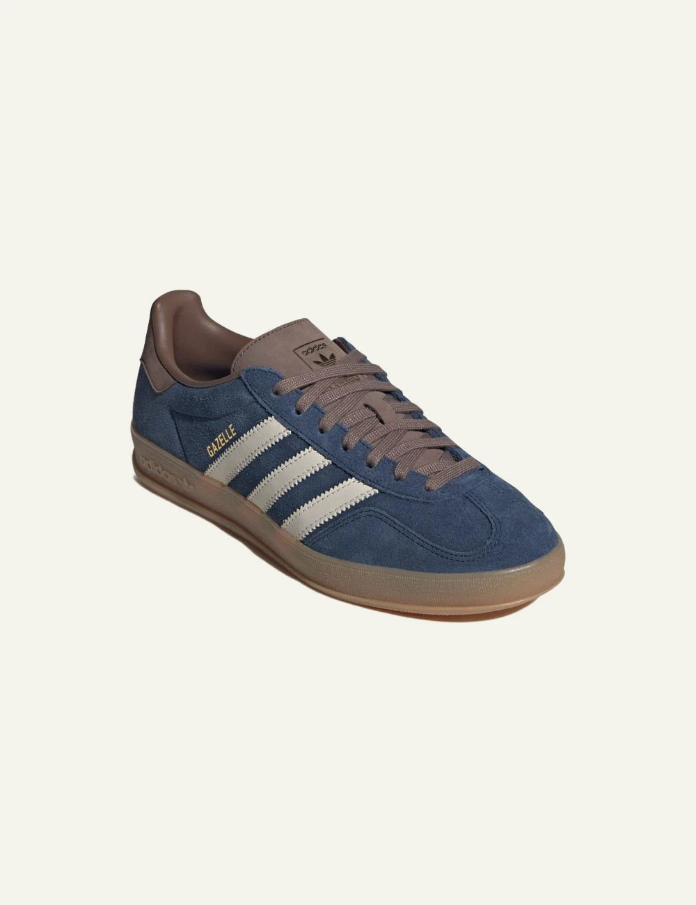Men's adidas Originals Gazelle Indoor suede sneakers in blue, off white and brown angled