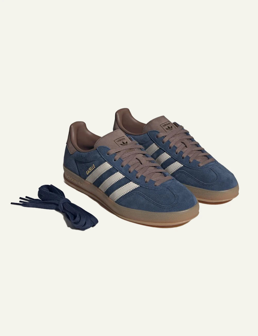 Men's adidas Originals Gazelle Indoor suede sneakers in blue, off white and brown side angled