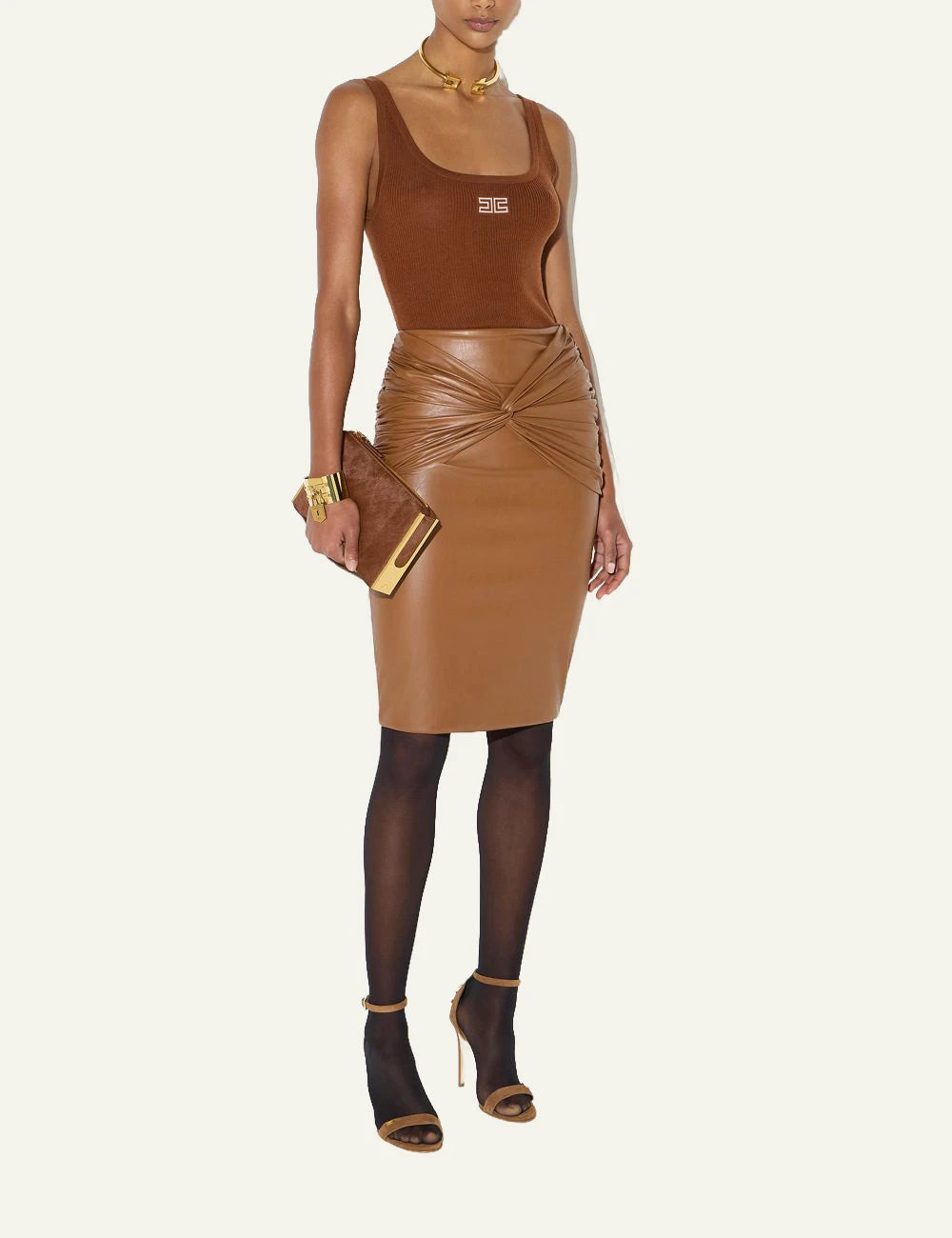 Elisabetta Franchi women's brown leather-effect midi skirt with front knot and draped detailing full body