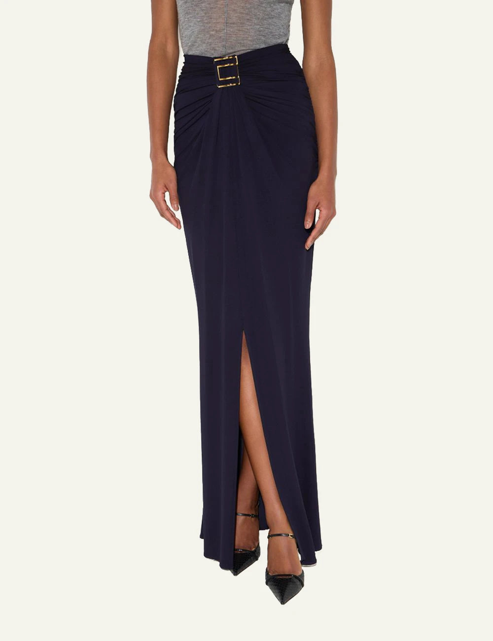 Women's Elisabetta Franchi dark blue crepe jersey maxi skirt with gold logo detail model