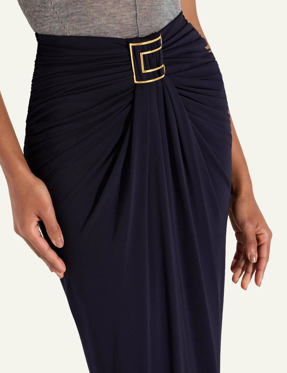 Women's Elisabetta Franchi dark blue crepe jersey maxi skirt with gold logo detail logo