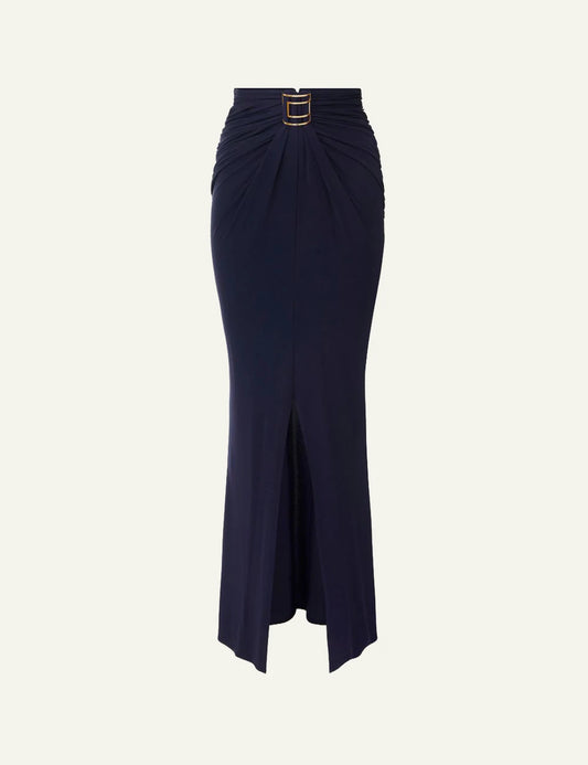 Women's Elisabetta Franchi dark blue crepe jersey maxi skirt with gold logo detail