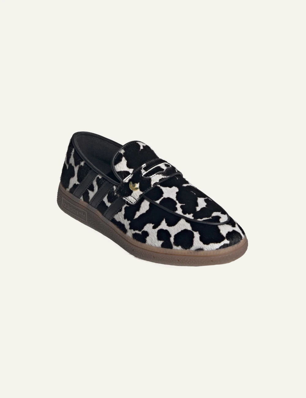 Adidas Originals Handball Spezial women's black and white cow print loafers front angle view
