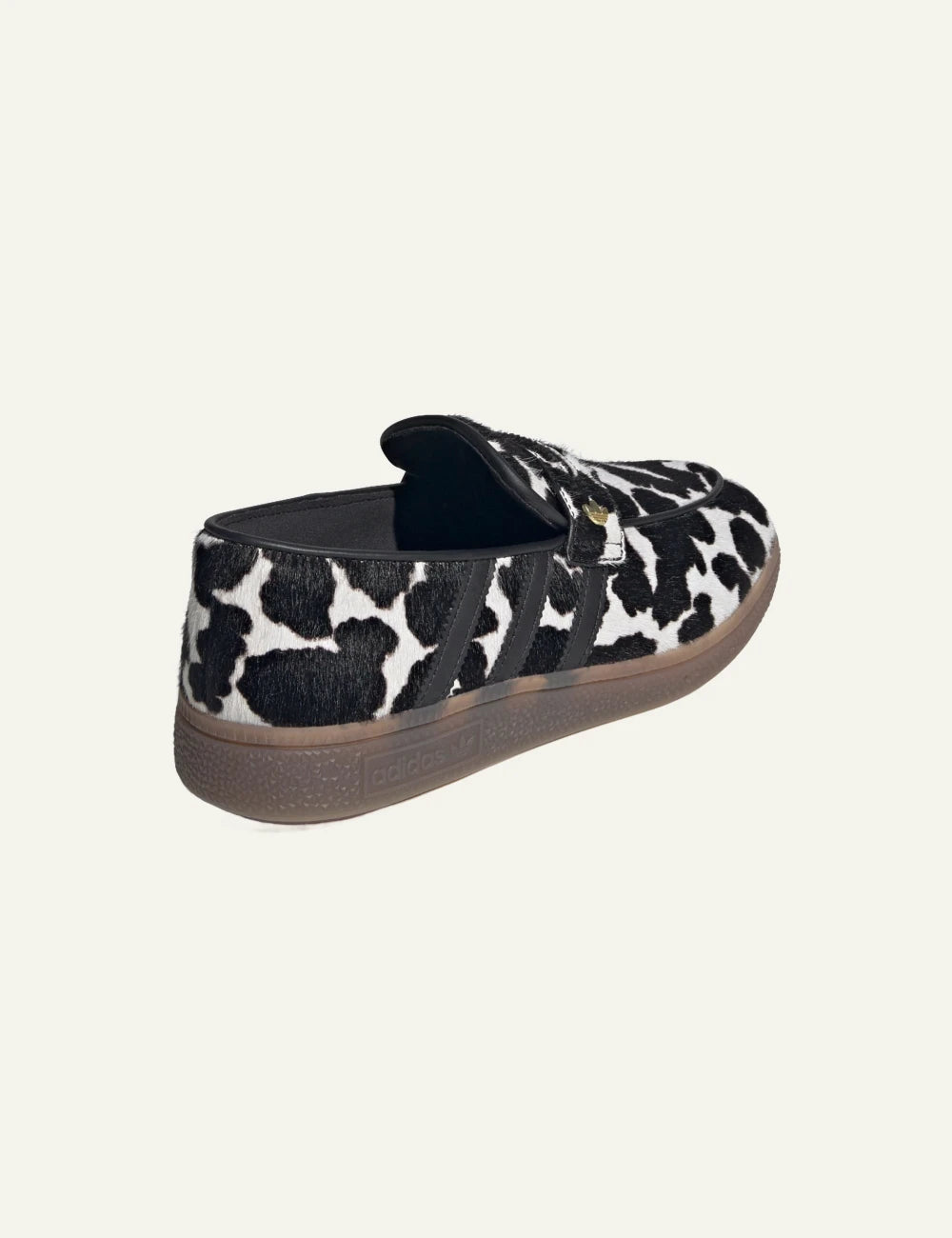 Adidas Originals Handball Spezial women's black and white cow print loafers back view
