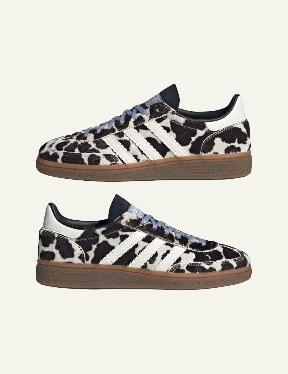 Women's Adidas Originals Handball Spezial sneakers in black and off white animal print with gum sole double side
