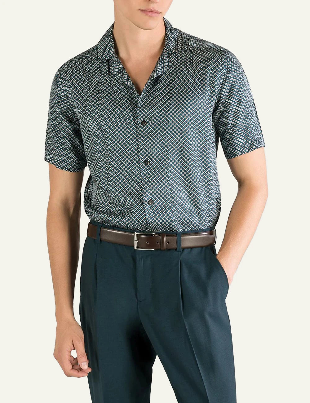 Cruna Havana petrol printed shirt front model view