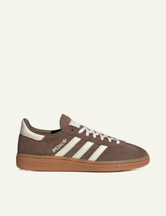 Women's adidas Originals Handball Spezial brown suede and leather sneakers with off-white 3-Stripes and gum sole