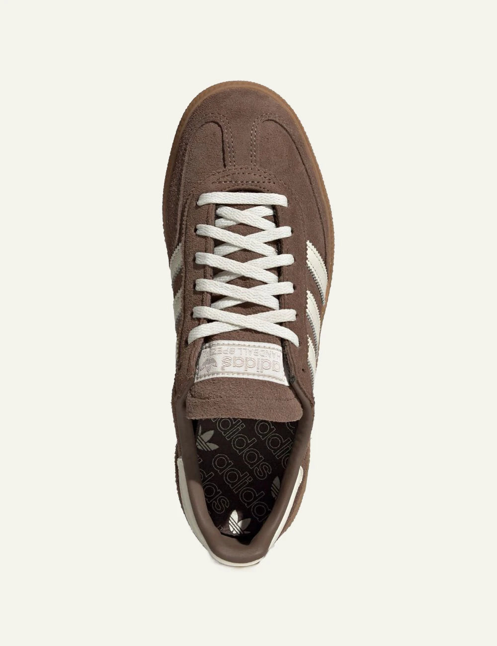 Women's adidas Originals Handball Spezial brown suede and leather sneakers with off-white 3-Stripes and gum sole top