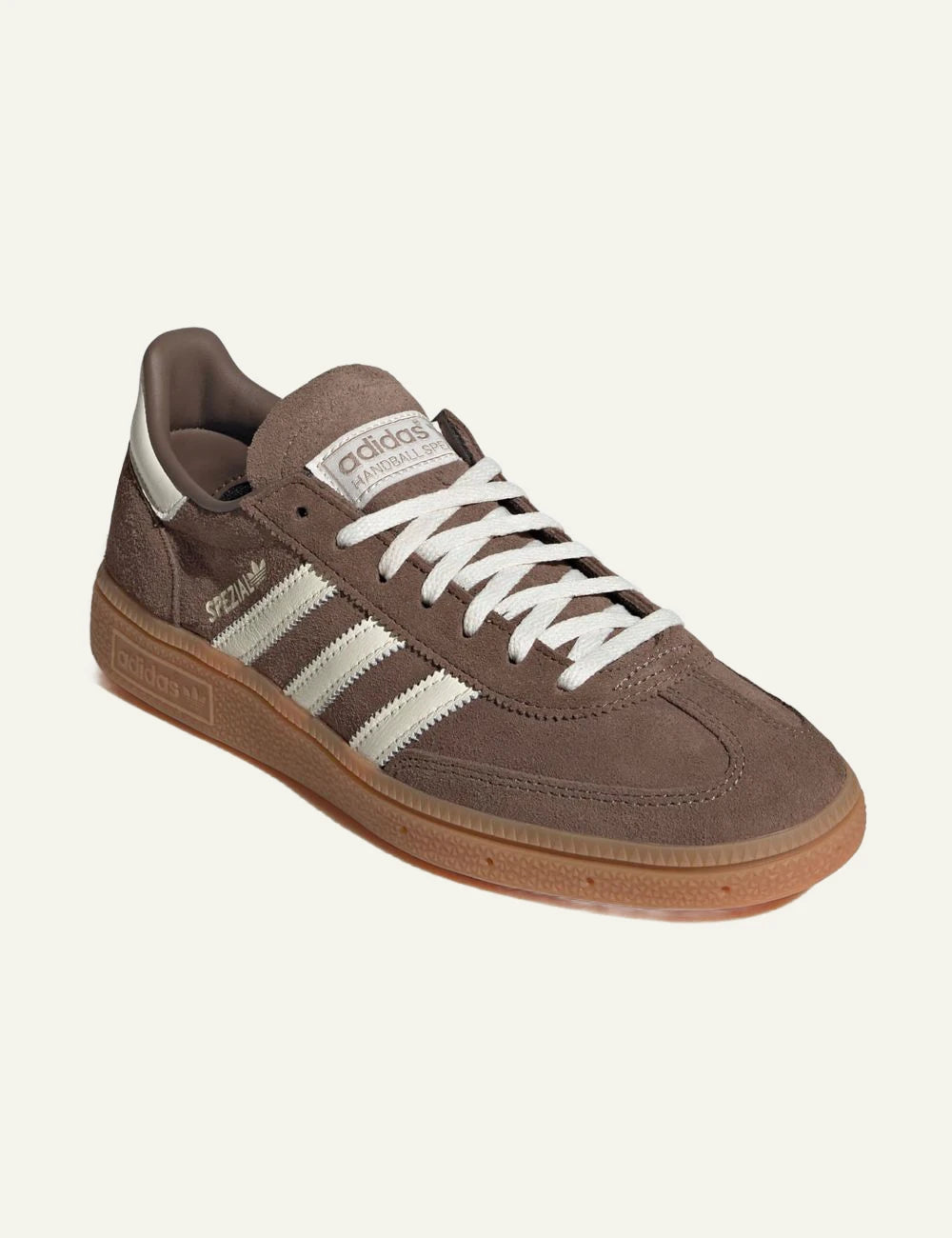 Women's adidas Originals Handball Spezial brown suede and leather sneakers with off-white 3-Stripes and gum sole angled