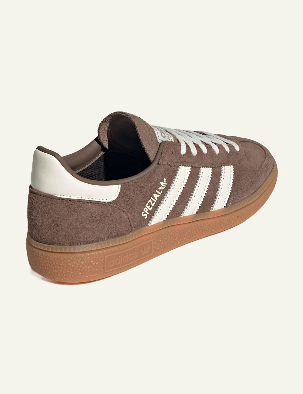 Women's adidas Originals Handball Spezial brown suede and leather sneakers with off-white 3-Stripes and gum sole back