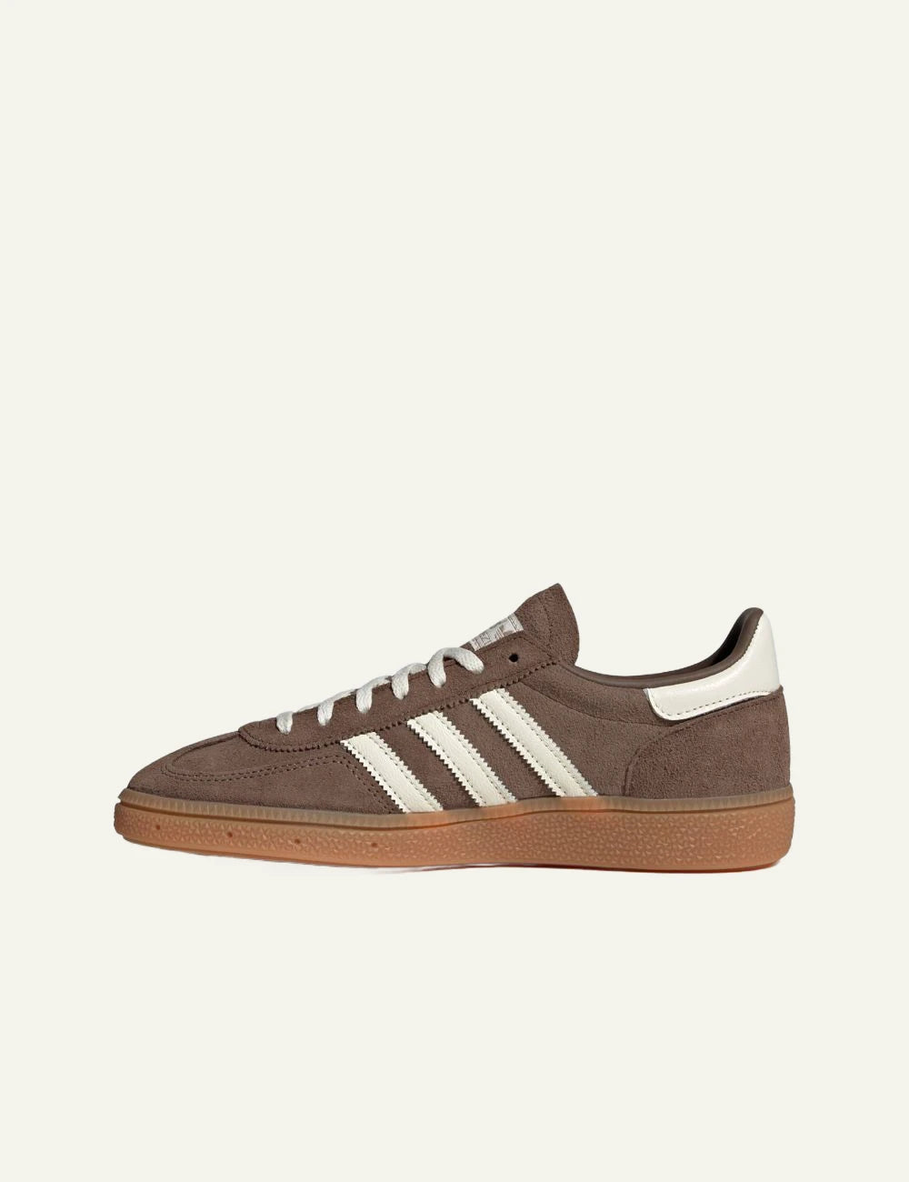Women's adidas Originals Handball Spezial brown suede and leather sneakers with off-white 3-Stripes and gum sole profile